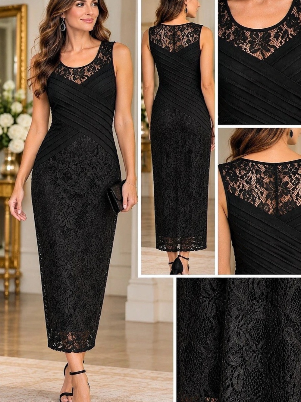 Candalite Black Lace Pleated Knit Column Maxi Dress Size S